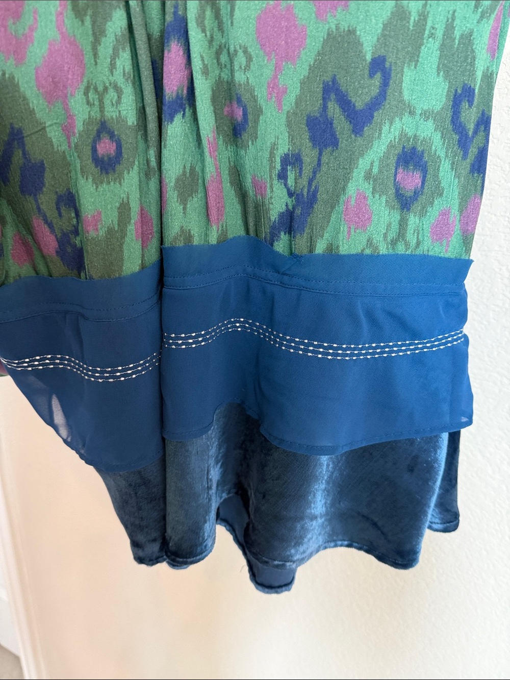 Anthropologie Green Patterned V-Neck Maxi Dress with Blue Trim - Picture 4 of 10